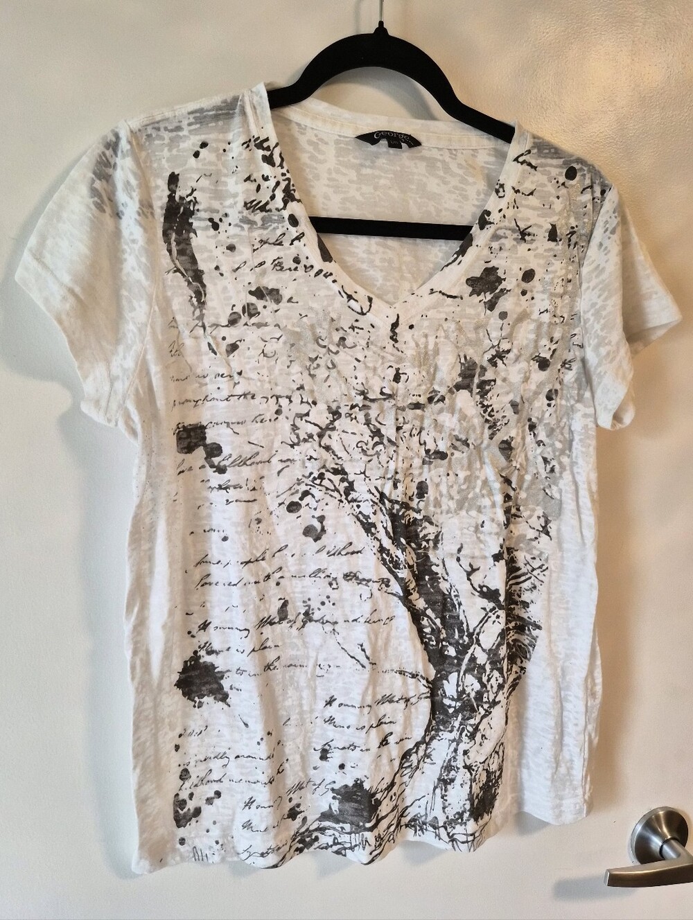 George White V-Neck Burnout Tee with Abstract Gray Script & Tree Print
